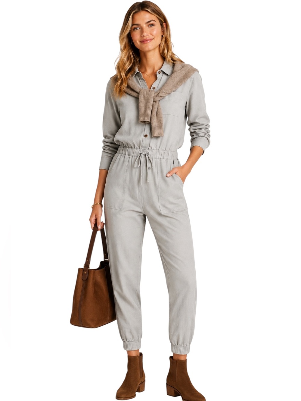 Faherty Linen Blend Arlie Utility Jumpsuit in Stone Size XS